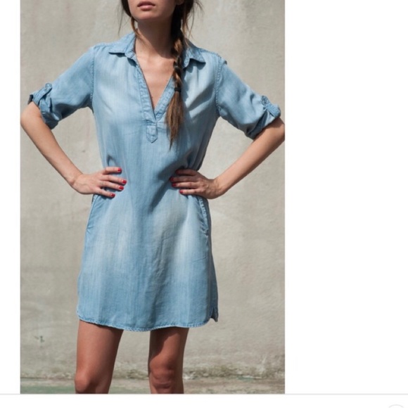 Light wash denim looking apron flare dress with big front pockets button down - Picture 16 of 17
